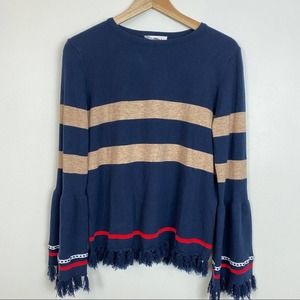 THML Striped Bell Sleeve Fringe Sweater/Blue Beige/Small